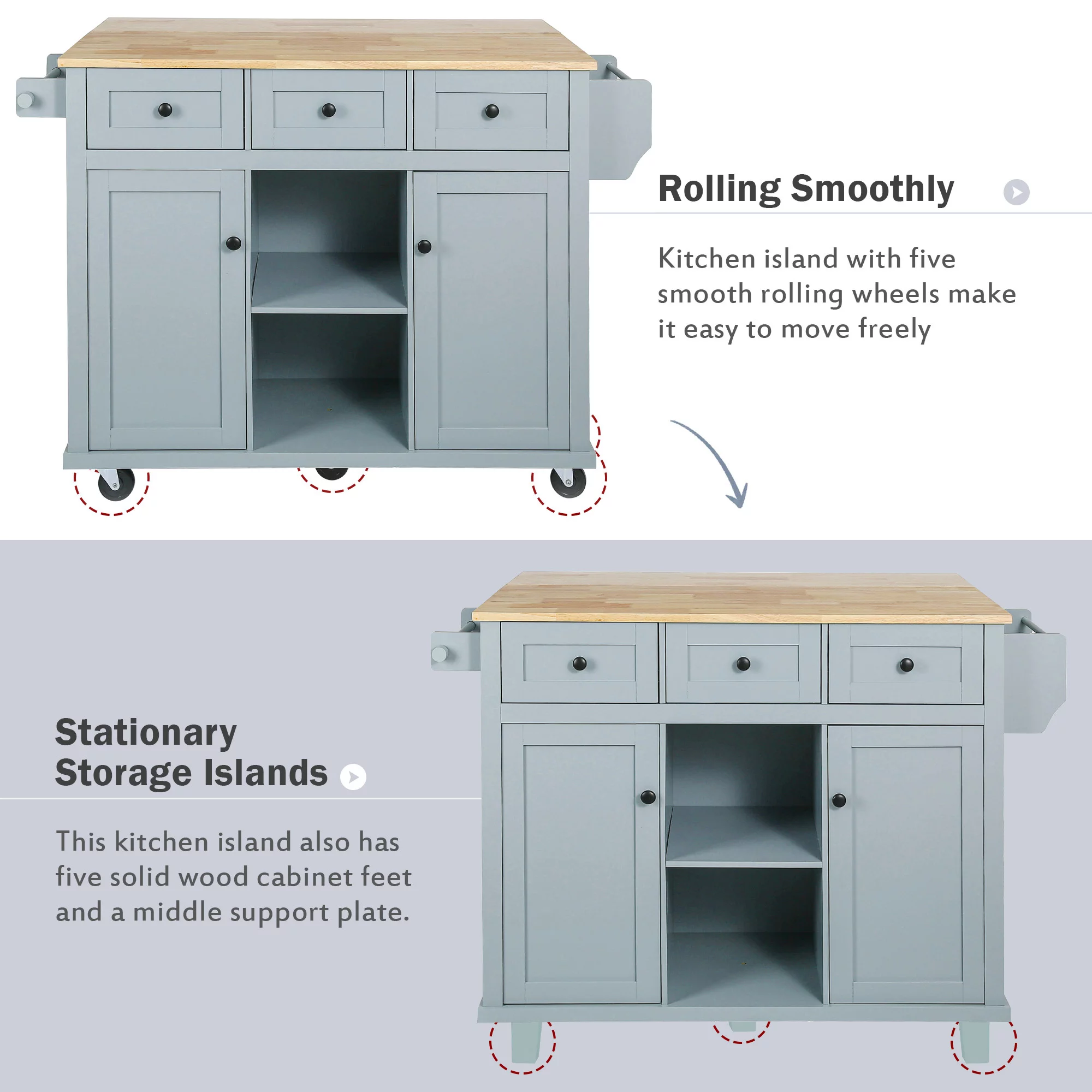 Momspeace Kitchen Island Cart with wheels and Rubber wood Drop-Leaf Countertop,Cabinet door internal storage racks,Kitchen Island on 5 Wheels with Storage Cabinet & 3 Drawers for Dinning Room-Blue