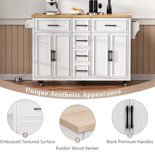 56.5" Rolling Kitchen Island with Storage on Wheels, Kitchen Cart with Drop Leaf & Power Outlet, Portable Island Table with 4 Doors, 5 Drawers, Spice Rack and Towel Bar for Dinning Room, Black