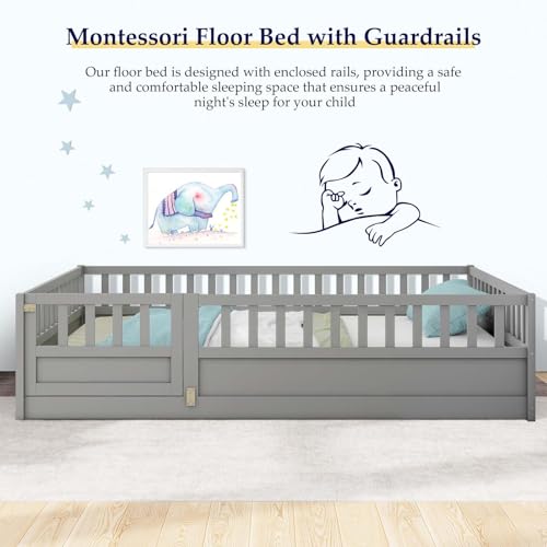 Full Floor Bed with Elevated Safety Guardrails and Door, Montessori Floor Bed for Kids, Wood Kids Floor Beds Frame, Full-White