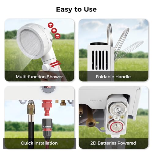 CAMPLUX 2.64 GPM Propane Portable Gas Water Heater, 68,000 BTU Outdoor Tankless Camping Water Heater with Digital Display, White