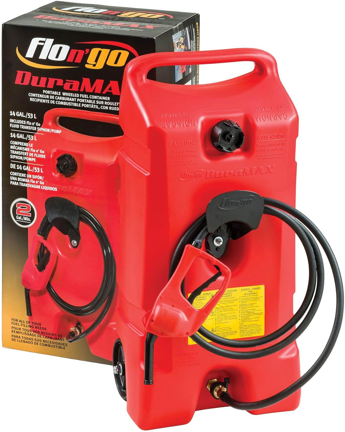 Scepter 14 Gallon Portable On Wheels Gas Fuel Tank Container with LE Fluid Transfer Siphon Pump and 10 Foot Long Hose, 2 Pack, Red