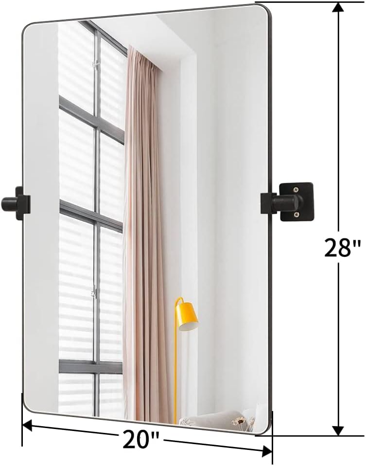 FOMAYKO 22" x 30" Black Aluminum Alloy Frame Pivot Rectangle Bathroom Mirror Tilting Rounded Corner Rectangular Vanity Mirror for Wall Decor