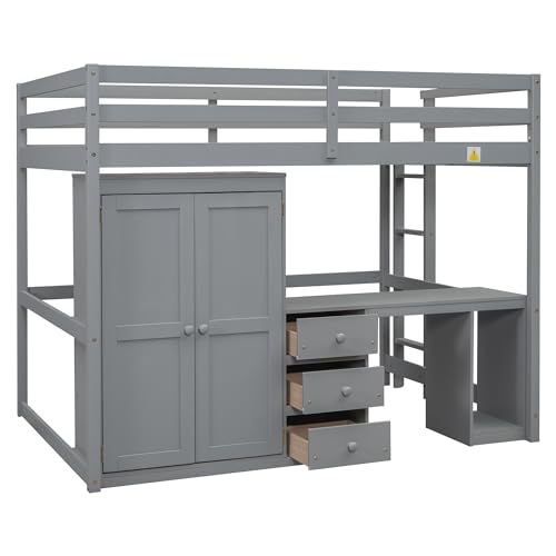 Full Size Loft Bed with Wardrobe, Desk, Storage Drawers, Large Storage Space, Space-Saving Design, Solid Pine Wood, MDF Build, Modern Design, Noise-Free, Safety Features, Ideal for Kids, Gray