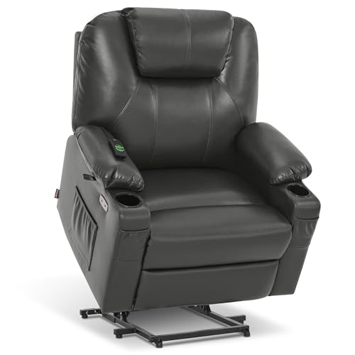 MCombo Power Lift Recliner Chair for Elderly, Lift Chair with Heat and Massage, FSC Certified, USB Ports, Cup Holders, Faux Leather 7040 (Black, Medium)