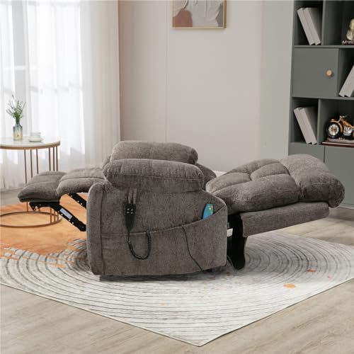 Light Grey Recliner Chair for Elderly | Tall and Big Man 400lbs | Chenille | Power Lift, Lay Flat, Stand Up, Wireless Charging Device, Extended Footrest, Massage Heat, Cup Holder, Lumbar Pillow