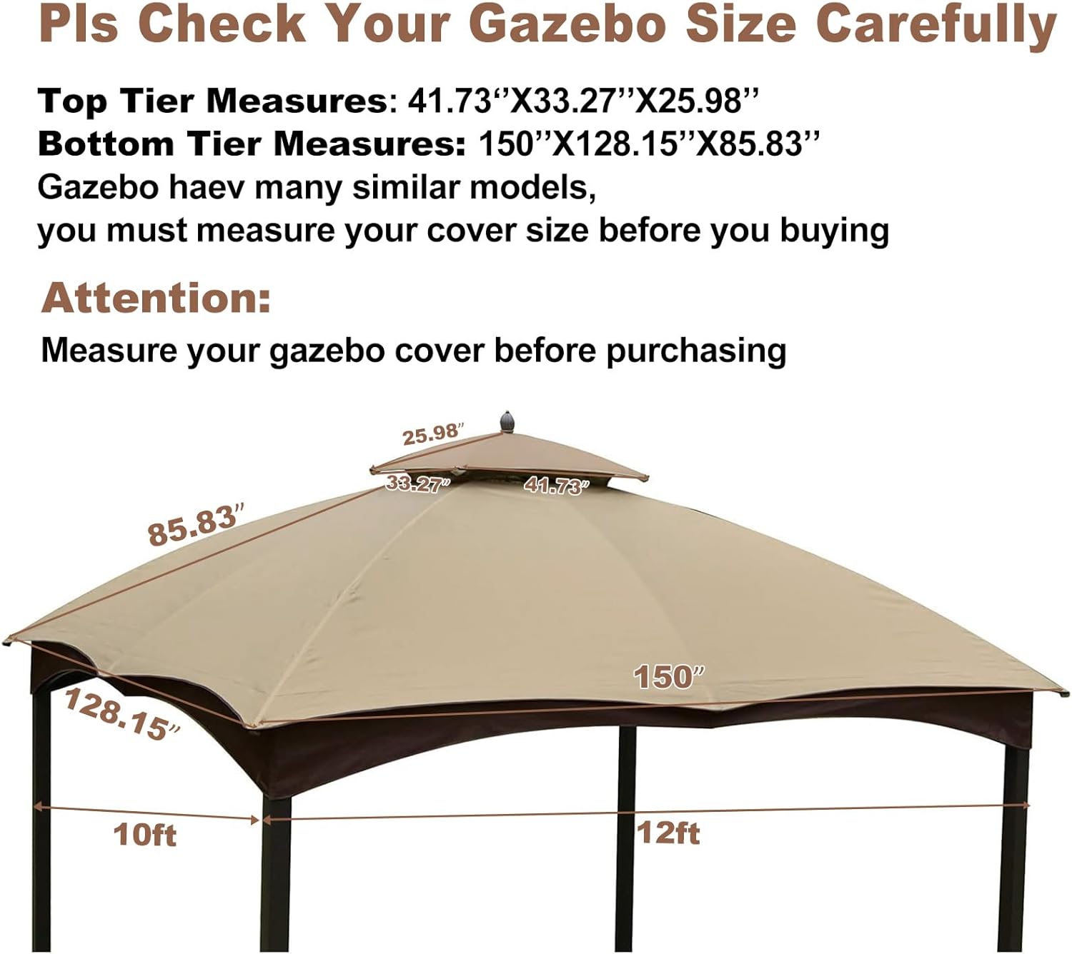 10x12 Ft Outdoor Patio Gazebo Replacement Canopy,Double Tiered Gazebo Tent Roof Top Cover Only(Frame Not Include)