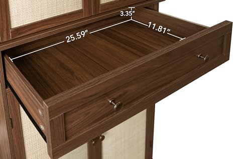 Kitchen Pantry Storage Cabinet, Tall Cabinet with 4 Rattan Doors and 1 Drawers, Freestanding Cupboard with Adjustable Shelves, Utility Pantry for Kitchen, Dining Room (Walnut)
