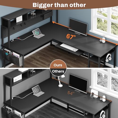 SEDETA L Shaped Gaming Desk, Reversible Computer Desk with Power Outlet and Pegboard, Gaming Desk with Led Lights, Keyboard Tray and Storage Bag for Home Office, Black