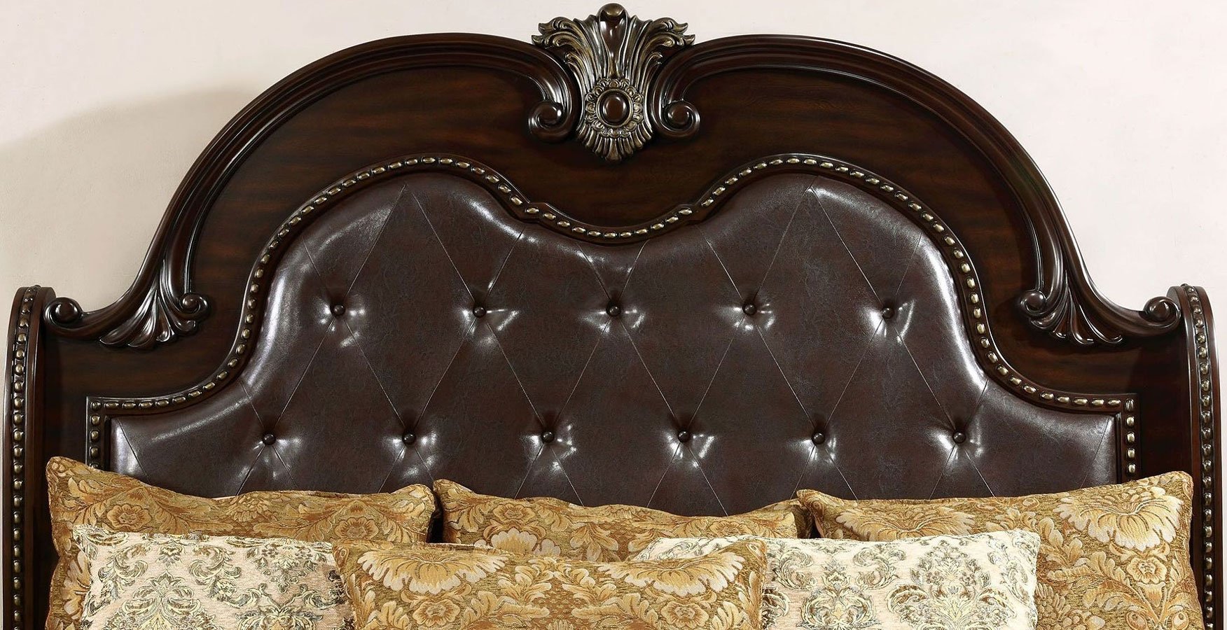 Brown Cherry Formal Luxurious Eastern King Size Bed Camel Back Sleigh Design Tufted Padded HB Faux Wood Carved Detail 1pc Bed