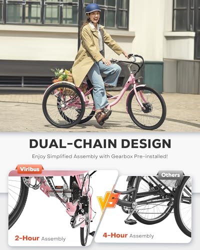 Viribus Electric Tricycle for Adults, 24 & 26 inch Electric Trike 350W(Peak 700W) with 468Wh Removable Battery, 3 Wheel Electric Bikes for Seniors, Motorized Adult Tricycle 7 Speed 330 lb. E Trike