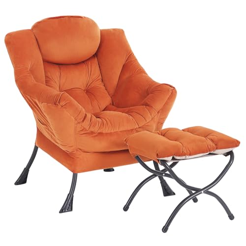 Lazy Chair with Ottoman, Modern Accent Chair Contemporary Lounge Leisure Sofa Chair with Armrests, Reading Chair and Folding Footstool Set for Living Room, Bedroom, Office, White Grey