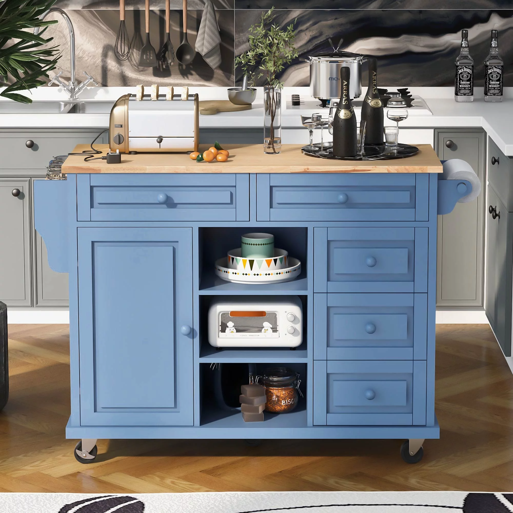 Hombay Mobile Kitchen Island Cart with Doors Drawers, Rolling Sideboard Storage Cabinet Trolley, Towel Holder, Spice Rack with Lockable Wheels