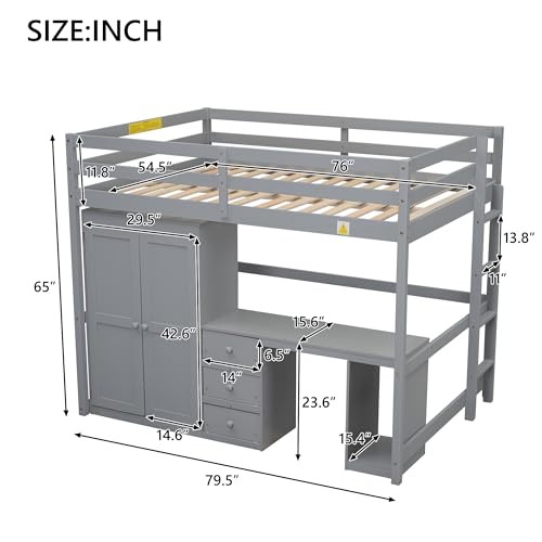 Full Size Loft Bed with Wardrobe, Desk, Storage Drawers, Large Storage Space, Space-Saving Design, Solid Pine Wood, MDF Build, Modern Design, Noise-Free, Safety Features, Ideal for Kids, Gray