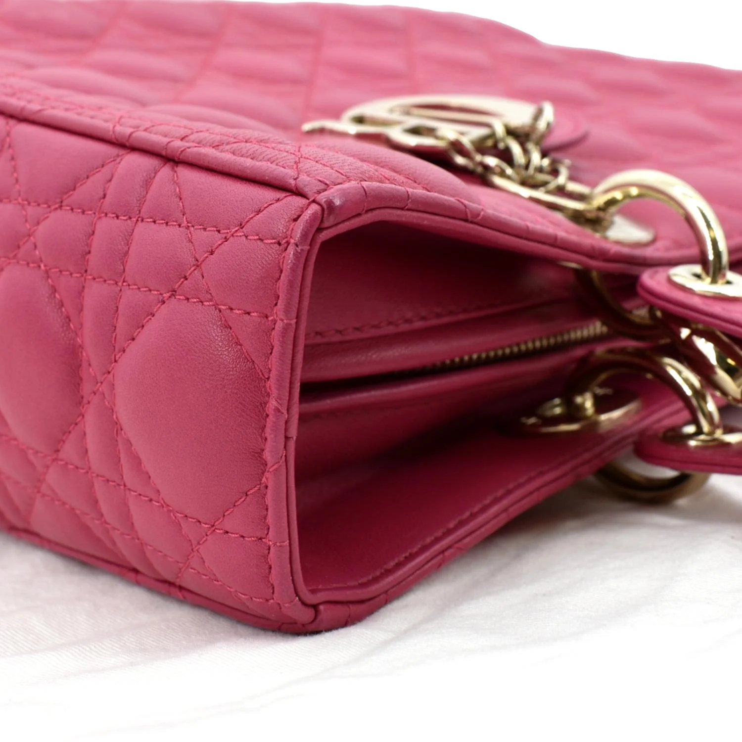Pre-owned CHRISTIAN DIOR Large Lady Dior Cannage Lambskin Shoulder Bag Pink