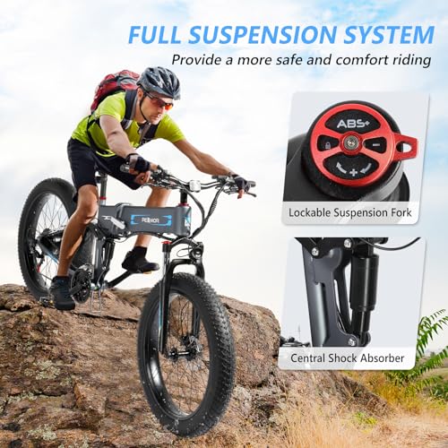 PEXMOR Electric Bike for Adults, 750W(Peak 1000W) 30MPH | Full Suspension Ebike, 60+ Miles 48V 12AH Removable Battery, 26" Fat Tire Foldable Mountain Commuter Electric Bicycle 21 Speed, UL2849