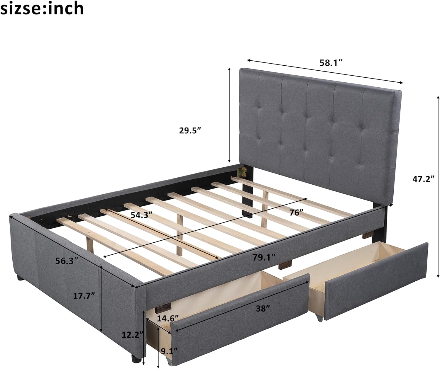 Full Size Bed Frame with Headboard, Linen Upholstered Platform Bed with 2 Drawers, Simple Versatile Bedframe for Adults, Teens & Kids, No Box Spring Needed, Easy Assembly