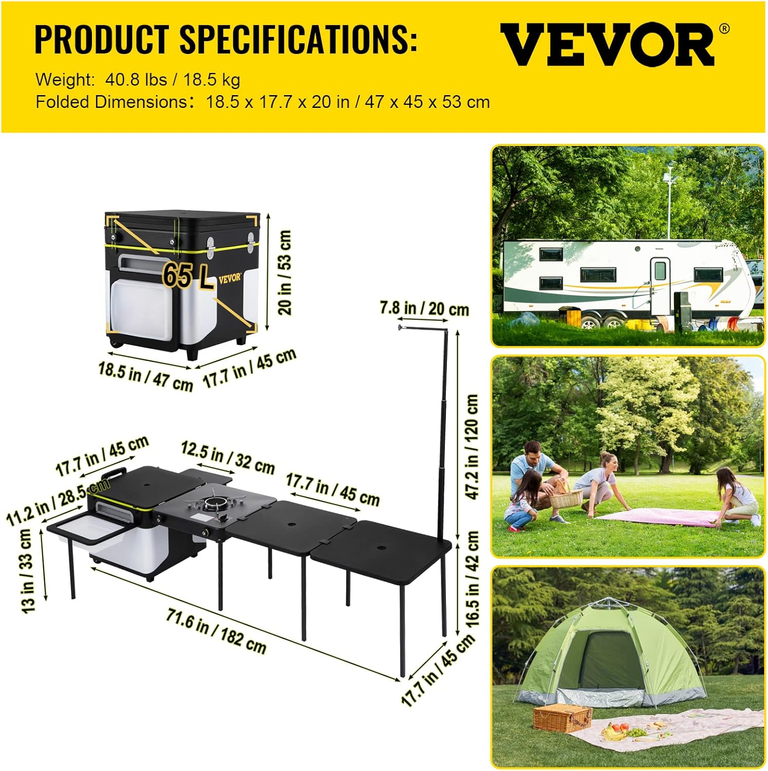 VEVOR Camping Kitchen, Outdoor Cooking Station Multifunctional Integrated Box with Wheels & Windproof Stove Portable Folding Tables Storage Organizer, for Picnic BBQ Beach Traveling, Black