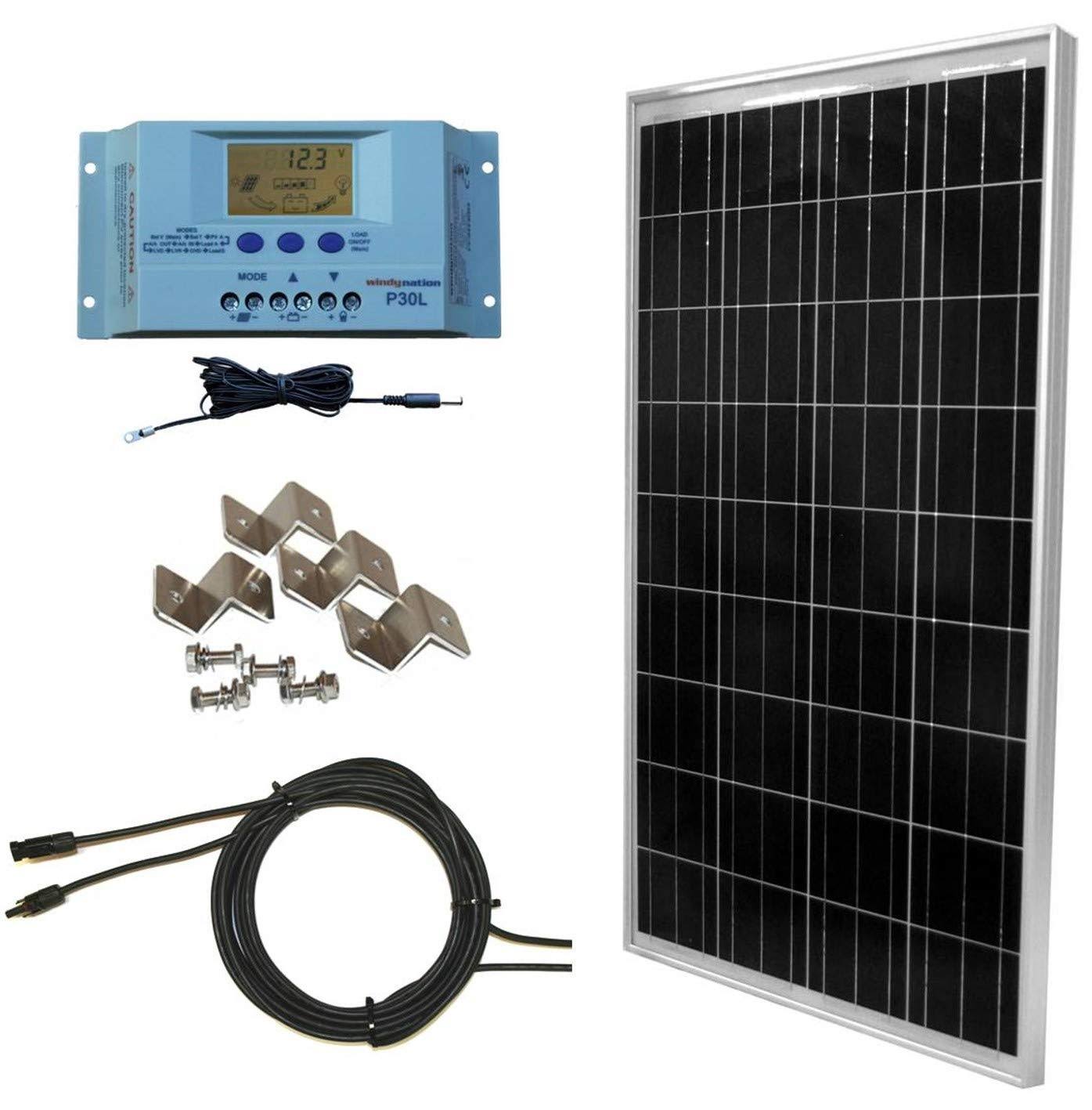 WindyNation 100 Watt Solar Panel Off-Grid RV Boat Kit with LCD PWM Charge Controller + Solar Cable + MC4 Connectors + Mounting B