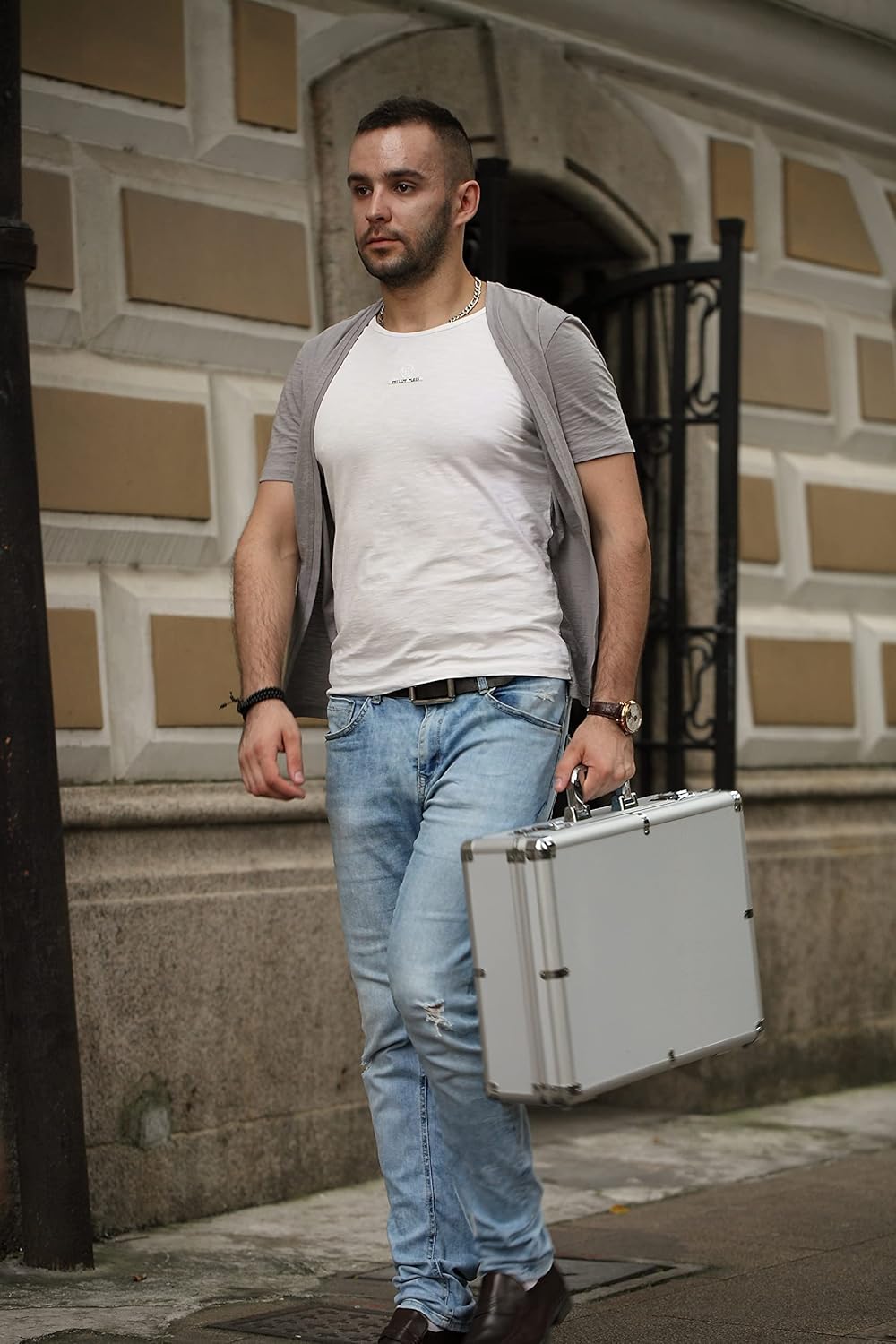 Portable Aluminum Hard Case ToolBox Large Silver Mens Briefcase Aluminum Hard Case Metal Carrying Case Travel Case Suitcase