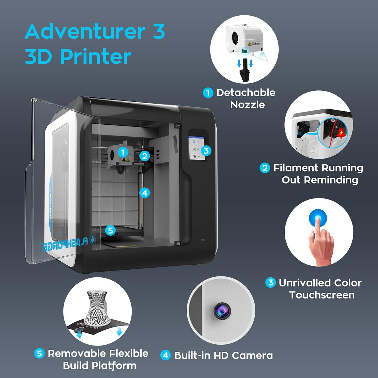FlashForge Adventurer 3 3D Printer Leveling-Free with Quick Removable Nozzle and Heating Bed, Built-in HD Camera, Wi-Fi Cloud Printing