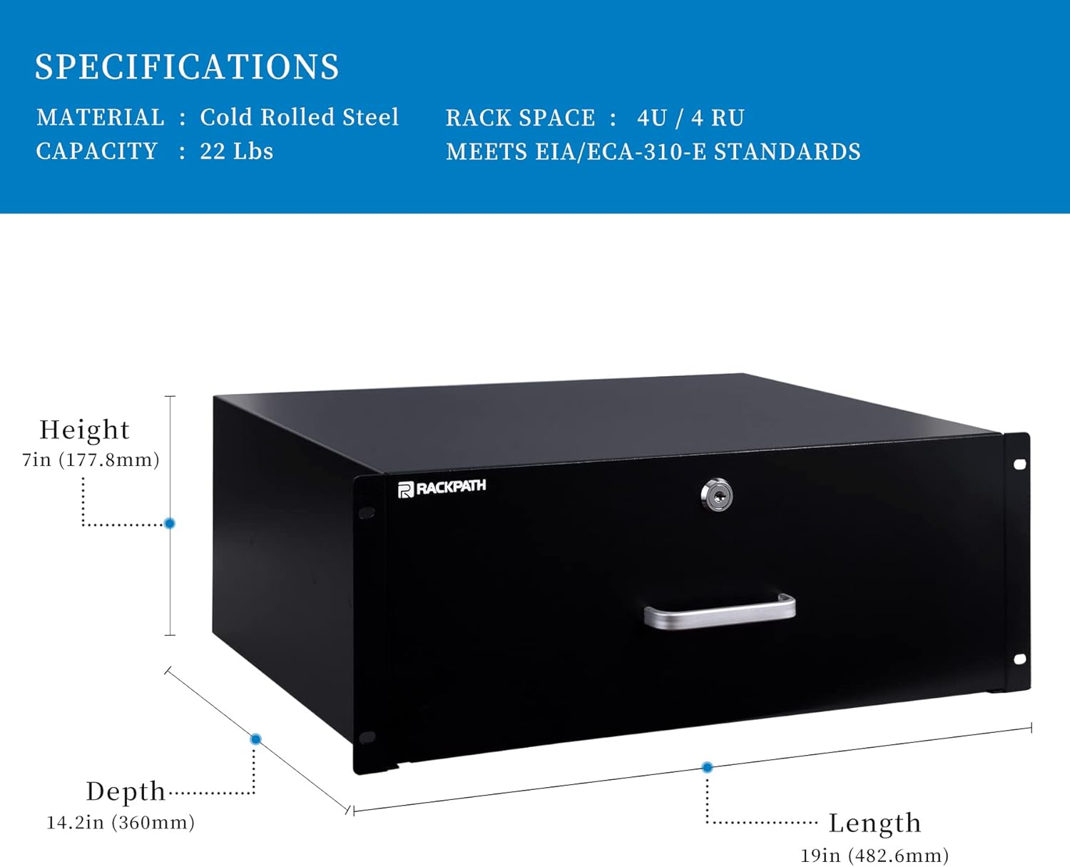 RackPath 1U Rack Mount Drawer for 19 Inch AV/Network/DJ Equipment Racks or Cabinets with Lock and Key
