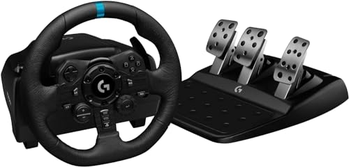 Logitech G923 Racing Wheel and Pedals, TRUEFORCE up to 1000 Hz Force Feedback, Gaming Steering Wheel PS5, PS4, PC, Mac, Genuine Leather- Black