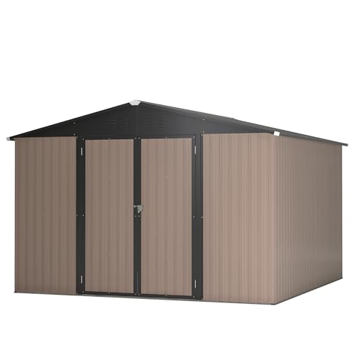 10x10 FT Ourdoor Storage Shed - All Weather Metal Storage Shed with Lockable Doors, Air Vents & Sloped Roof, Waterproof Heavy-Duty Utility and Tool Shed for Garden, Backyard, Patio, Brown