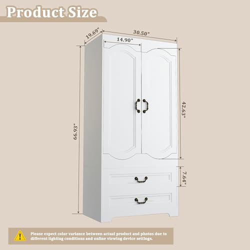 Luxurious 2 Door Wardrobe with 2 Drawer,White Vintage Armoire with Clothing Rod,67" Tall Wooden Closet Wardrobe Cabinet for Bedroom (White)