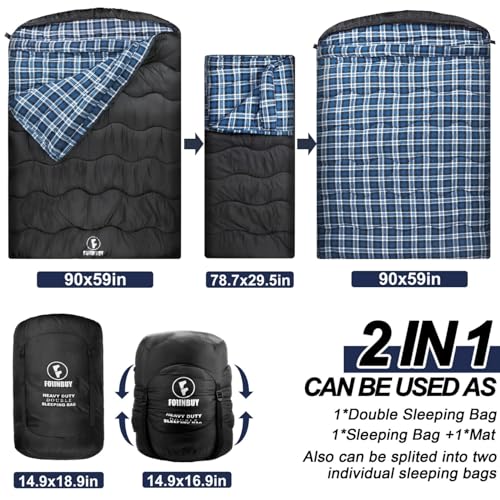 Winter Cotton Flannel Double Sleeping Bag,Queen Size Sleeping Bag for Adults, Cold Weather Waterproof 2 Person Sleeping Bag, Suitable for Couples Family Camping, RV Travel