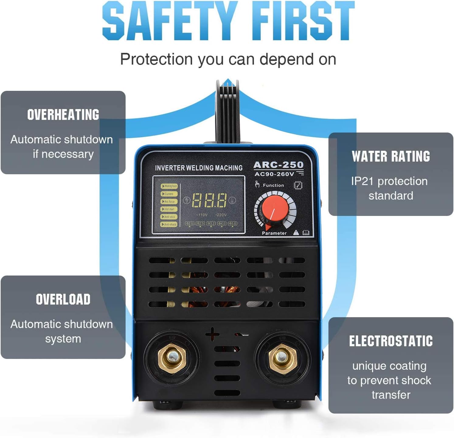 Welder，250A ARC Inverter 110V&220V Welder Machine IGBT Digital Display LCD Hot Start Welder with Electrode Holder,Work Clamp, Input Power Adapter Cable and Holder