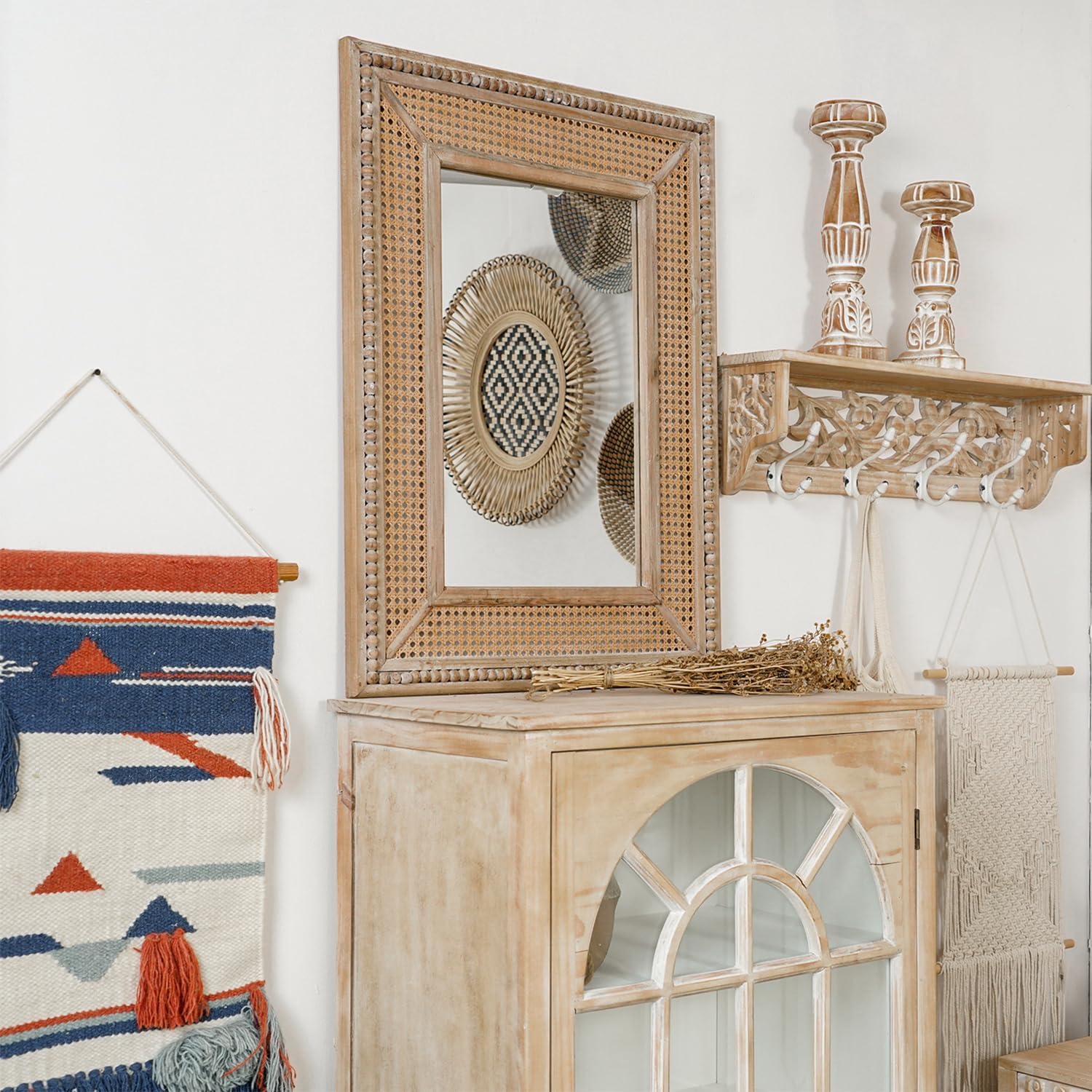 Boho Rattan Wall Mirror Wooden Framed Rectangle Mirror Wood Decorative Farmhouse Hanging Mirror for Bathroom Vanity Entryway Living Room Home Wall Decor - 24.21" x 1.18" x 32.28"