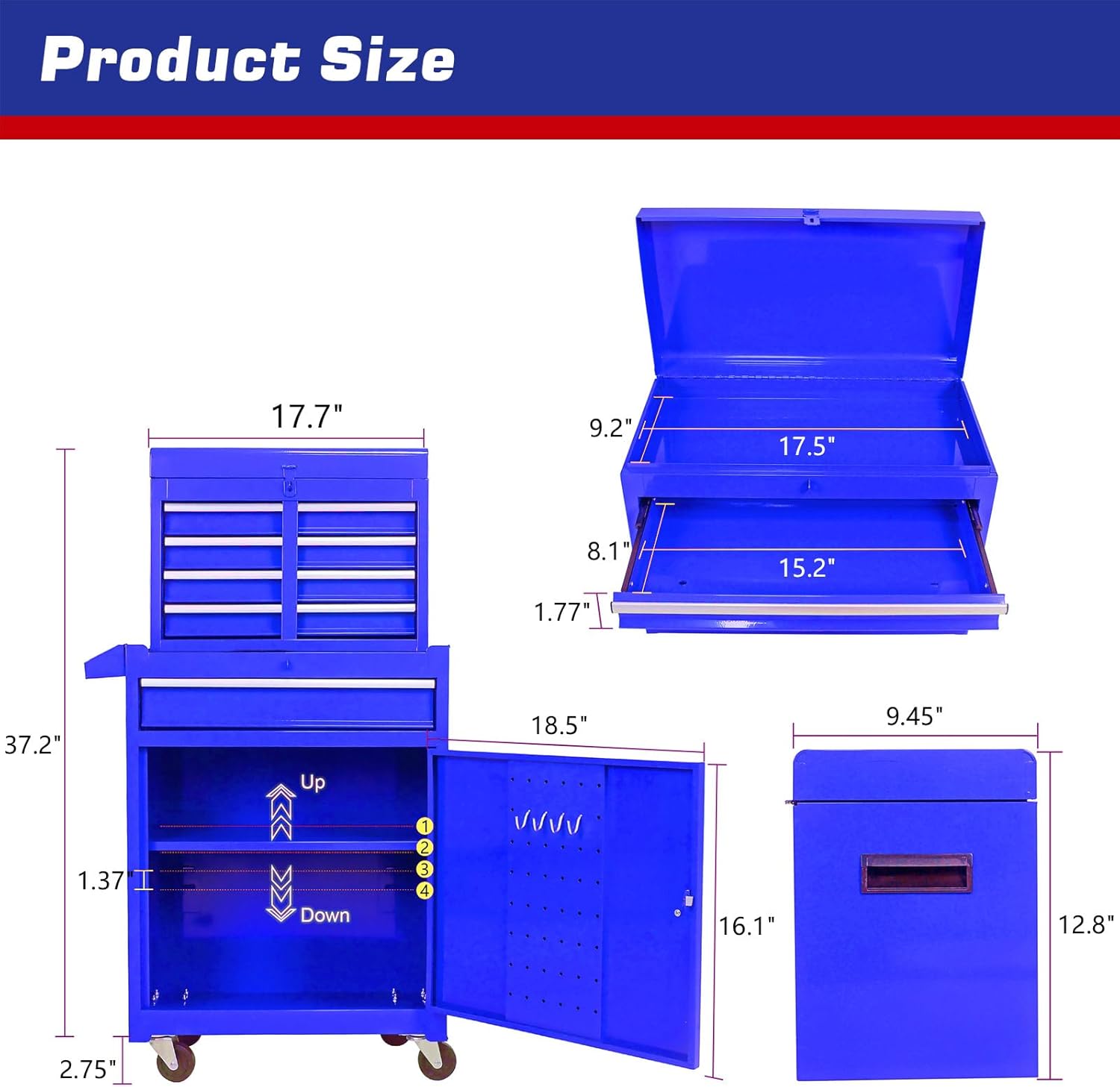 5-Drawers Tool Cabinets On Wheels, Rolling Tool Chest with Drawers, Craftsman Tool Box with Adjustable Shelf, Tool Storage Organizer for Warehouse, Garage, Workshop, Blue