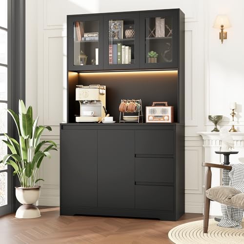 finetones 71" Kitchen Pantry Cabinet with LED Lights and Charging Station, Modern Kitchen Cabinet Hutch Cabinet with Storage and Microwave Stand, Pantry Cabinet Buffet Cabinet with Countertop, Black