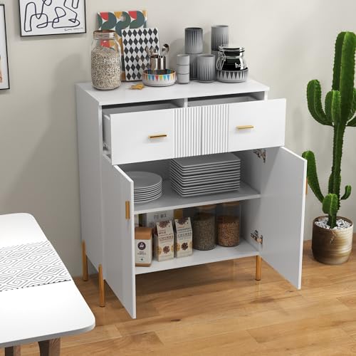 2 Door Sideboard Floor Storage with 2 Drawers and Shelves Buffet Cabinet Perfect for Living Room, Kitchen, Home Office, Entryway, Elegant White Finish