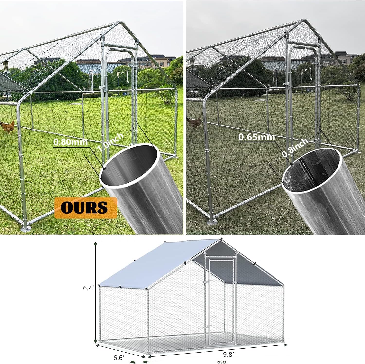 Large Metal Chicken Coop Walk-in Poultry Cage Chicken Run Duck House Chicken Pen Spire Shaped Coop with Waterproof and Anti-Ultraviolet Cover for Outdoor Backyard Farm Use(9.8' L x 6.6' W x 6.4' H)