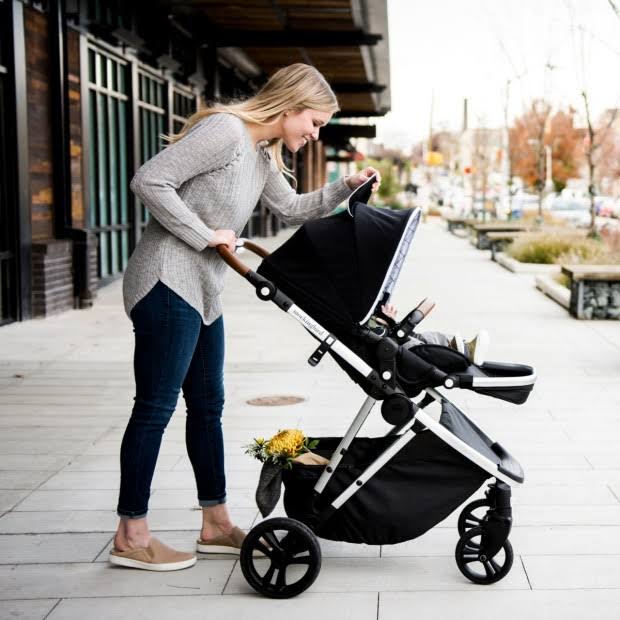 Mockingbird Single Stroller in Sea/Windowpane Canopy/Black Leather