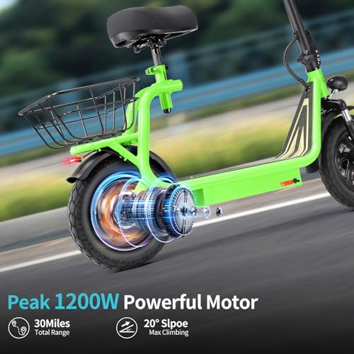 Caroma Peak 800W/1200W Electric Scooter Adults, 30 Miles Max Range, Foldable Electric Scooter with Seat, Front Suspension, Detachable Large Basket,Commuter E-Scooter for Adult and Teens