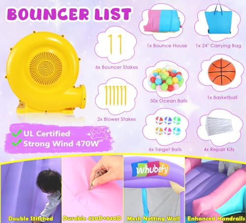 Pink Inflatable Bounce House for Kids 2-8 with Ball Pit & Slide, Indoor Jumpy Bouncy House w/440W Blower, 50 Ocean Balls, 6 Sticky Darts, Basketball, Toddler Bounce House Water Slide for Kids Backyard