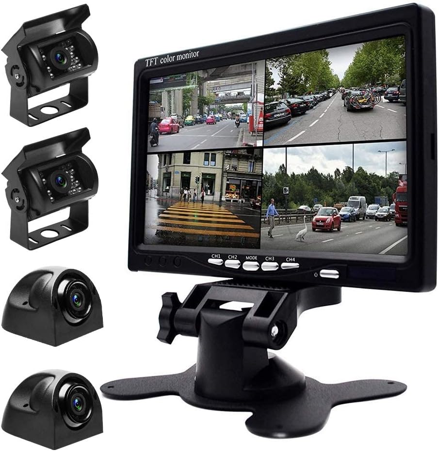 Backup Camera Hard Wired Backup Camera 9'' Quad Split Screen HD Rear Backup Camera Monitor System, Waterproof IR Night Vision Backup Camera for Trucks,Trailer Heavy,Box,RV,Camper Bus Rearview Camera