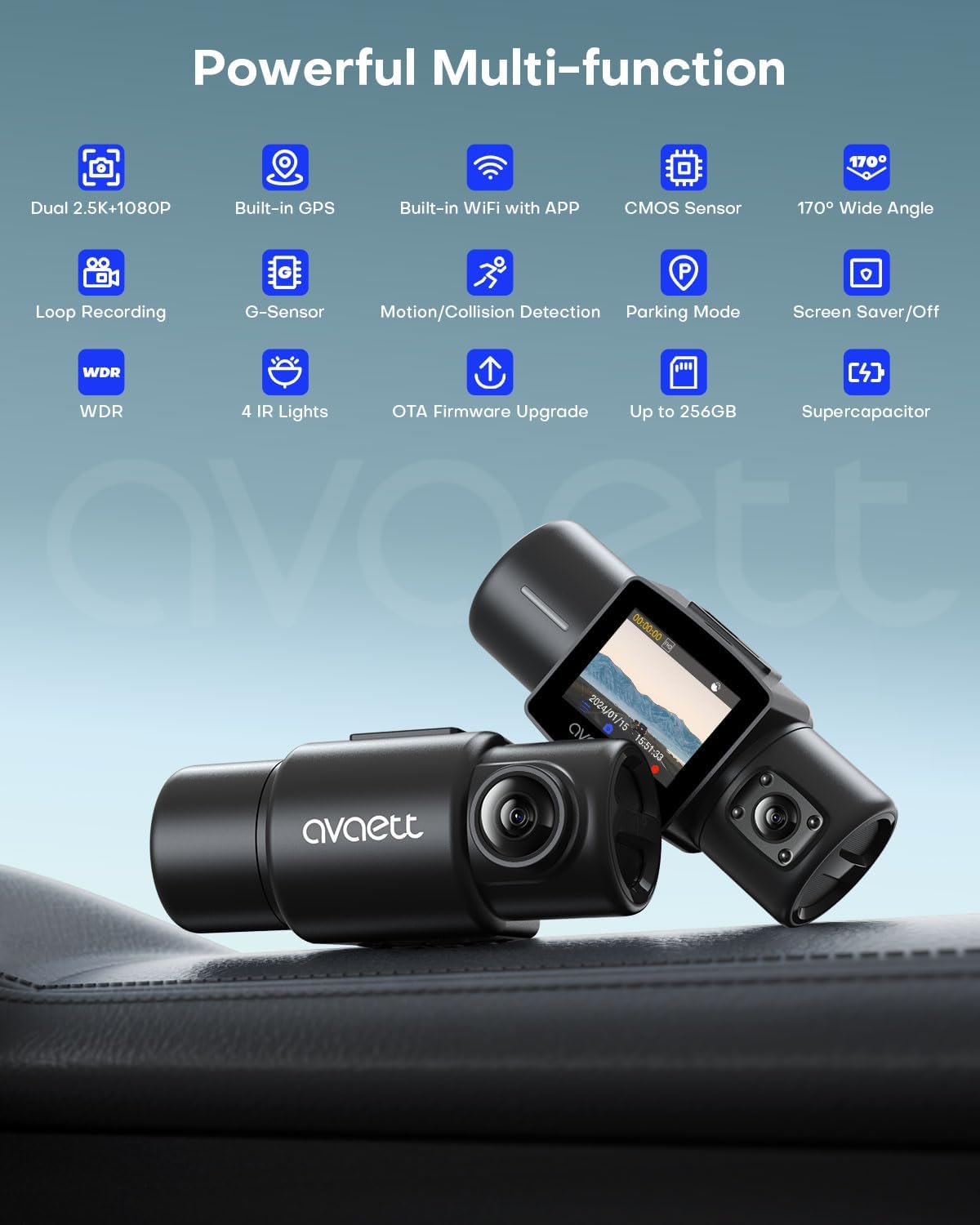 Dual 2.5K Dash Cam Front and Inside, Built in WiFi GPS, Dashcams for Cars with Infrared Night Vision, Smart Dash Camera Supercapacitor Accident Record Parking Mode Avaett D60