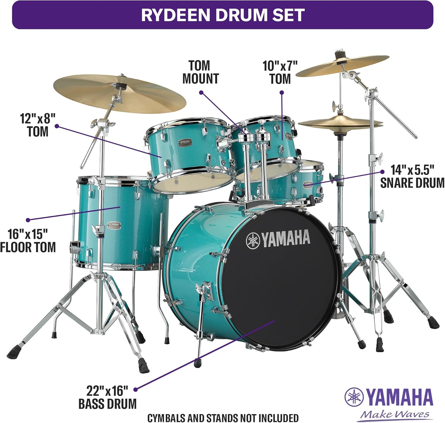 Yamaha Rydeen 5-Piece Drum Set With 22" Bass Drum, Floor Tom, 2 Toms With Ball Clamp And Wood Snare Drum, Turquoise Glitter
