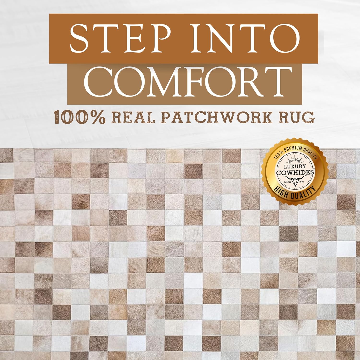 Sunshine Cowhides 100% Genuine Patchwork Cowhide Rug - Taupe-Champagne, Mosaic Design, Modern Animal Hide Rugs for Living Room, Office or Kitchen Area - Decorative Indoor Carpet - Medium (4x6 Ft.)
