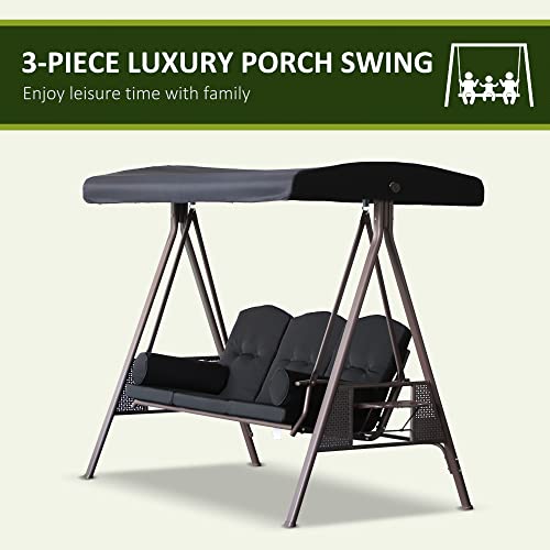 Outsunny 3-Seat Patio Swing Chair, Outdoor Porch Swing Glider with Adjustable Canopy, Removable Cushion, Pillows and Side Trays, for Garden, Poolside, Backyard, Brown