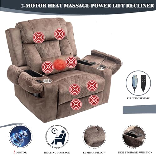 Light Grey Recliner Chair for Elderly | Tall and Big Man 400lbs | Chenille | Power Lift, Lay Flat, Stand Up, Wireless Charging Device, Extended Footrest, Massage Heat, Cup Holder, Lumbar Pillow