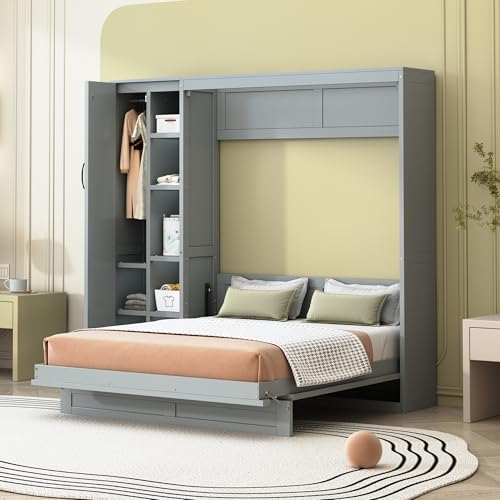 Harper & Bright Designs Queen Size Murphy Bed Wall Bed with Storage Shelves, Wardrobe and LED Lights, Space-Saving for Multipurpose Guest Room or Home Office, Gray