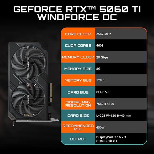 GIGABYTE GeForce RTX 5060 Ti WINDFORCE OC 8G Graphics Card, 8GB 128-bit GDDR7, PCIe 5.0, WINDFORCE Cooling System, GV-N506TWF2OC-8GD Video Card