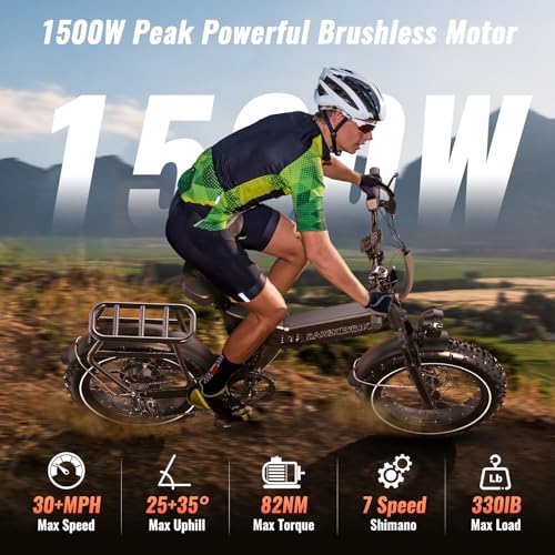 1500W Folding Electric Bike for Adults Full Suspension,52v 20AH Electric Dirt Bike with 20"x 4.0 Fat Tire, Max 30+MPH & 70 Miles Electric Bicycle, Ebike for Snow, Mountains, Road UL Certified