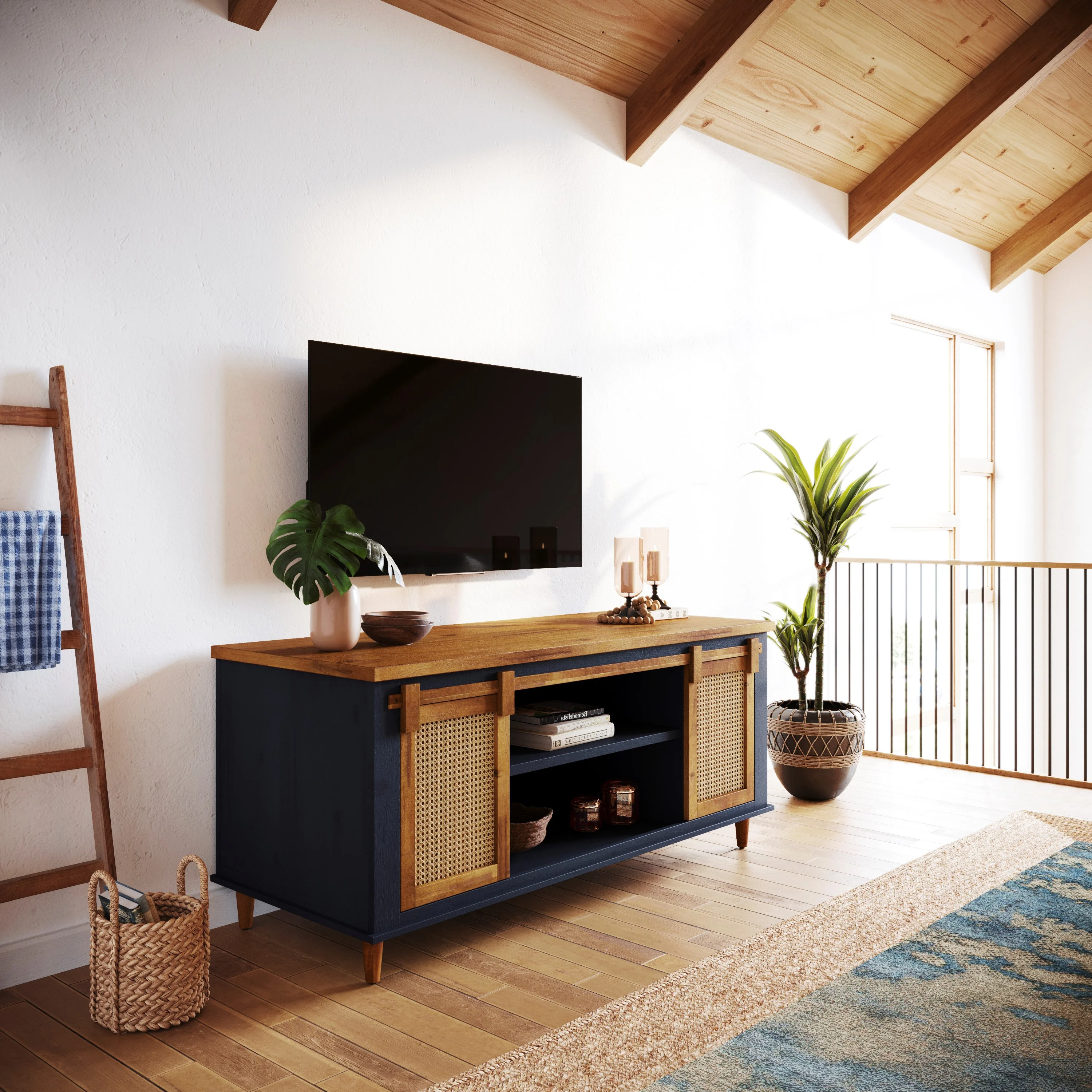 Eltis Shorista Solid Wood TV Stand 2 Sliding Rattan Doors, for TVs up to 70", Navy Blue