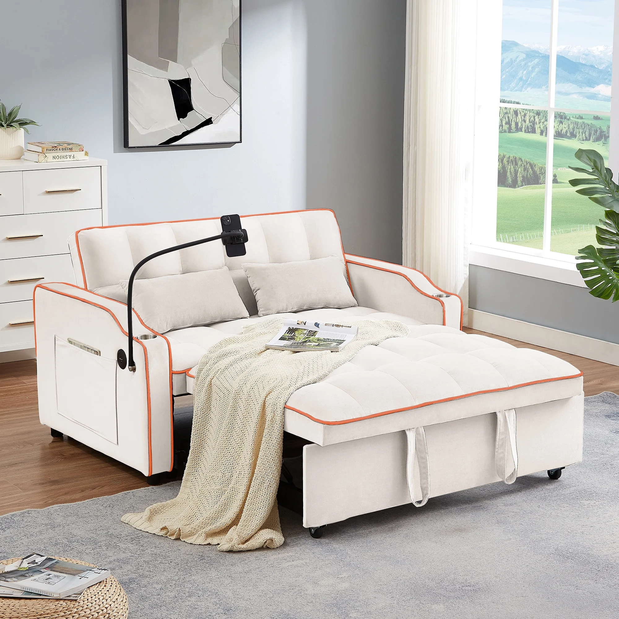 Muumblus Pull Out Sofa Bed, 3-in-1 Convertible Sofa Bed, Modern 2 Seater Sofa Bed with USB Port and Cup Holders, Velvet Loveseat Sleeper for Living Room, Small Spaces, Beige