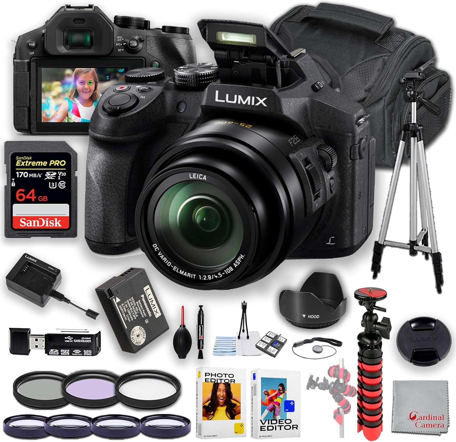 Panasonic Lumix DMC-FZ300 Digital Camera | 12.1MP | 64GB Memory, Filters, 50 Inch Tripod, Flexible Tripod & More, compact